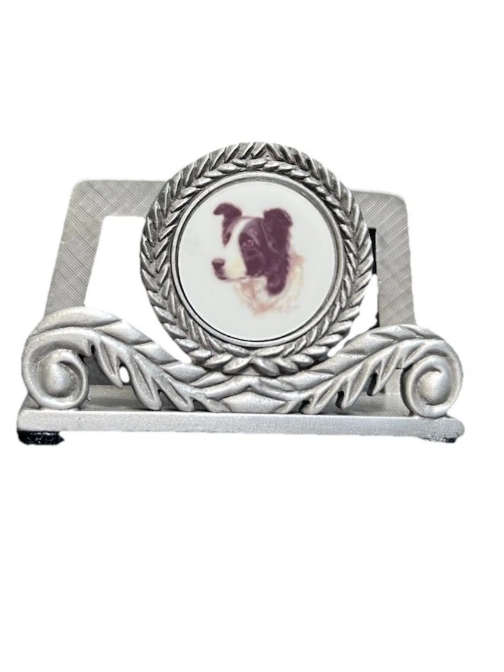 Vtg 90’s Rawoliffe Pewter Dog Border Collie Business Card Holder or Letter Rack